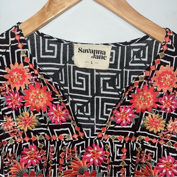 Savanna Jane Dress Women’s Size Large Black White Embroidered Floral Rayon - Picture 7 of 8